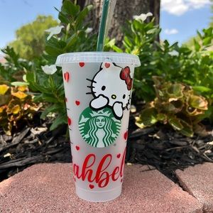 Hello kitty red hearts and personalized name Starbucks reusable venti cold cup